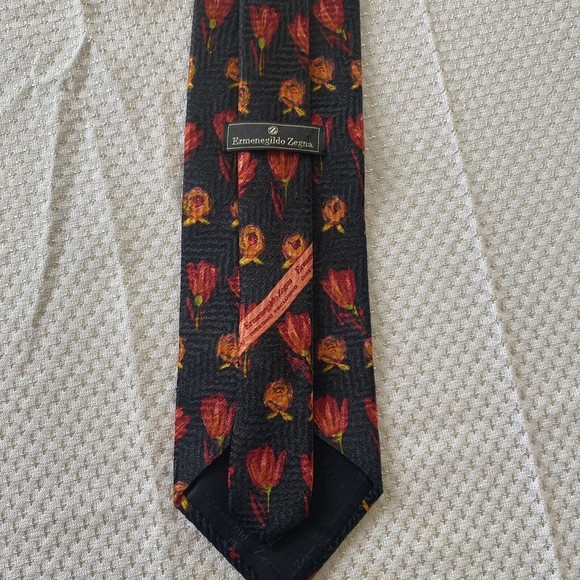 Ermenegildo Zegna Tulip Floral Black Silk Neck Tie Orange Pink Colorful - Picture 4 of 5